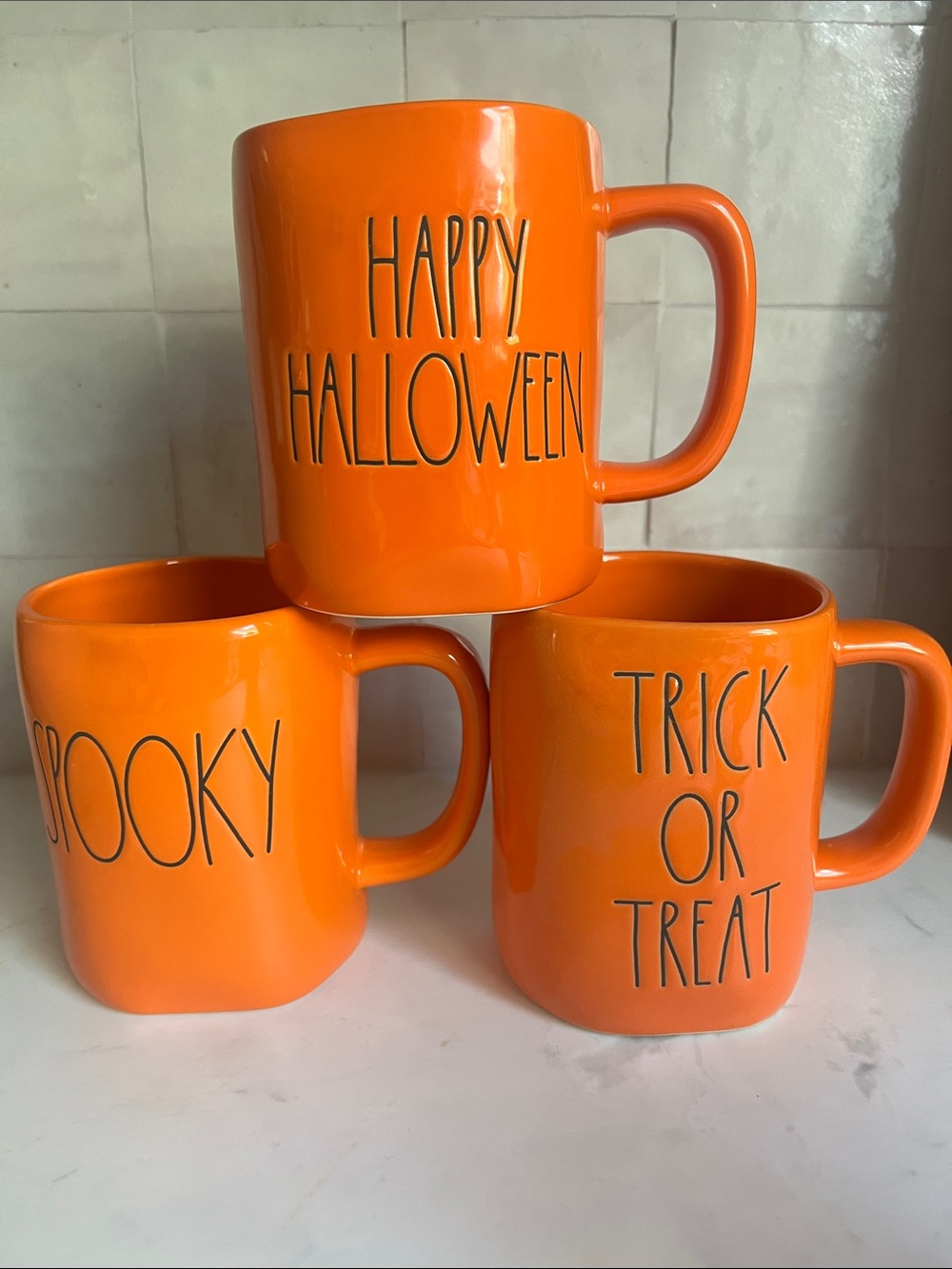 Rae Dunn Orange Halloween Spooky Set of Mugs